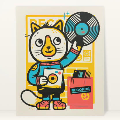 Record Cat screenprint by The Little Friends of Printmaking: a cat holding up a vinyl record outside a record shop