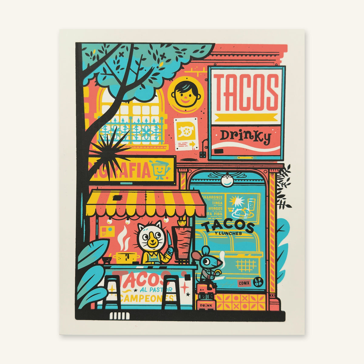 Tacos Y Lunches screenprint photographed flat, showing the full sheet