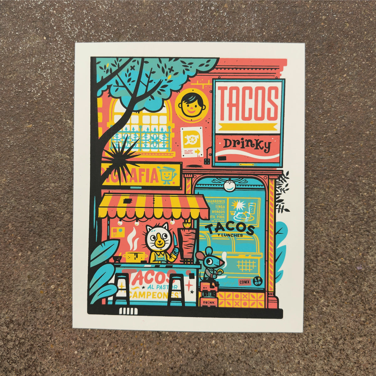 Tacos Y Lunches screenprint photographed at We Are 1976 in Dallas