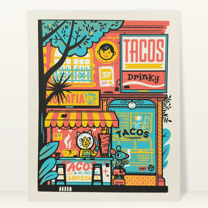 Tacos Y Lunches screenprint by The Little Friends of Printmaking: a taco shop storefront with a cat at the counter