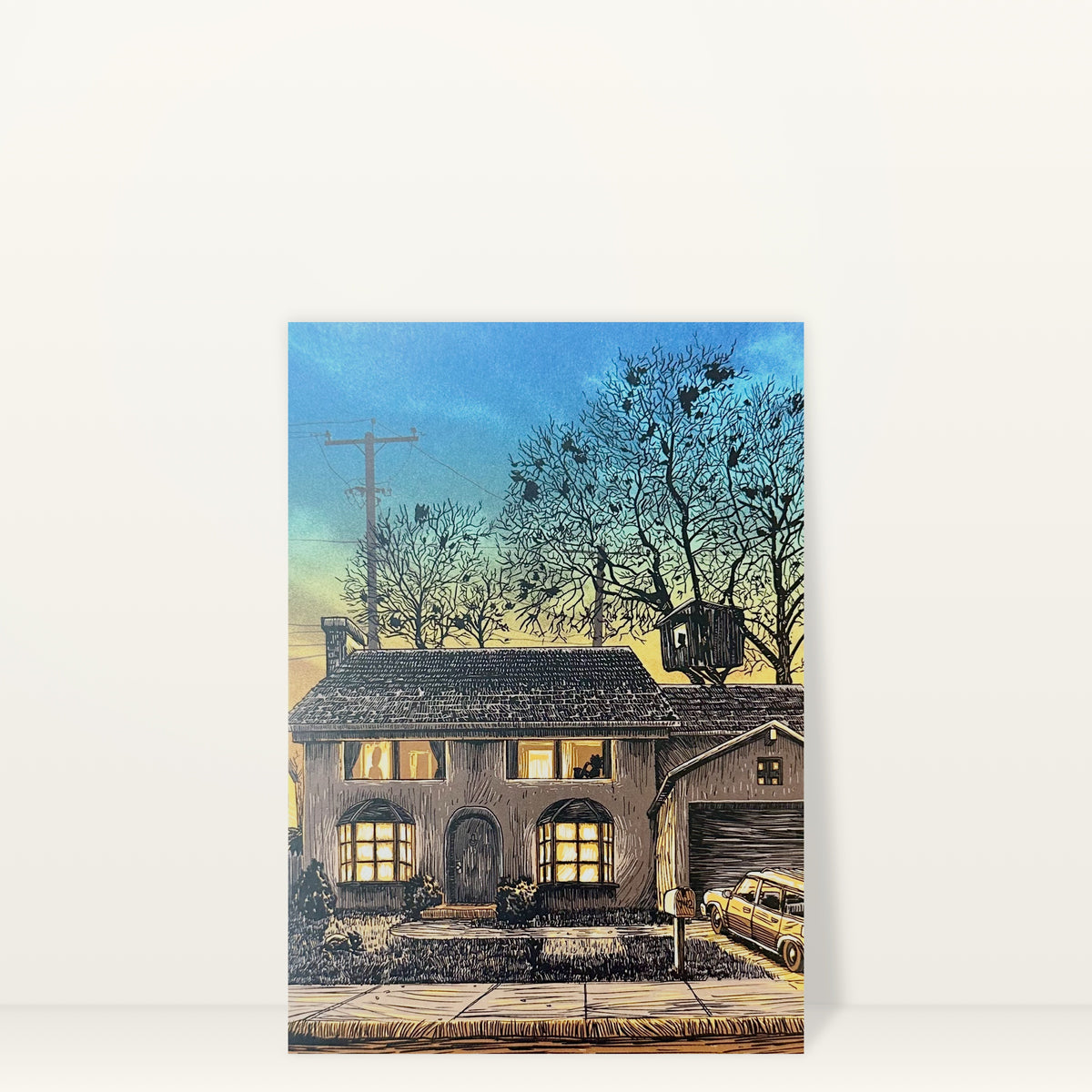 742 Evergreen Terrace (Day) mini print postcard by Tim Doyle: the Simpsons' house at dusk with warm lit windows under bare trees