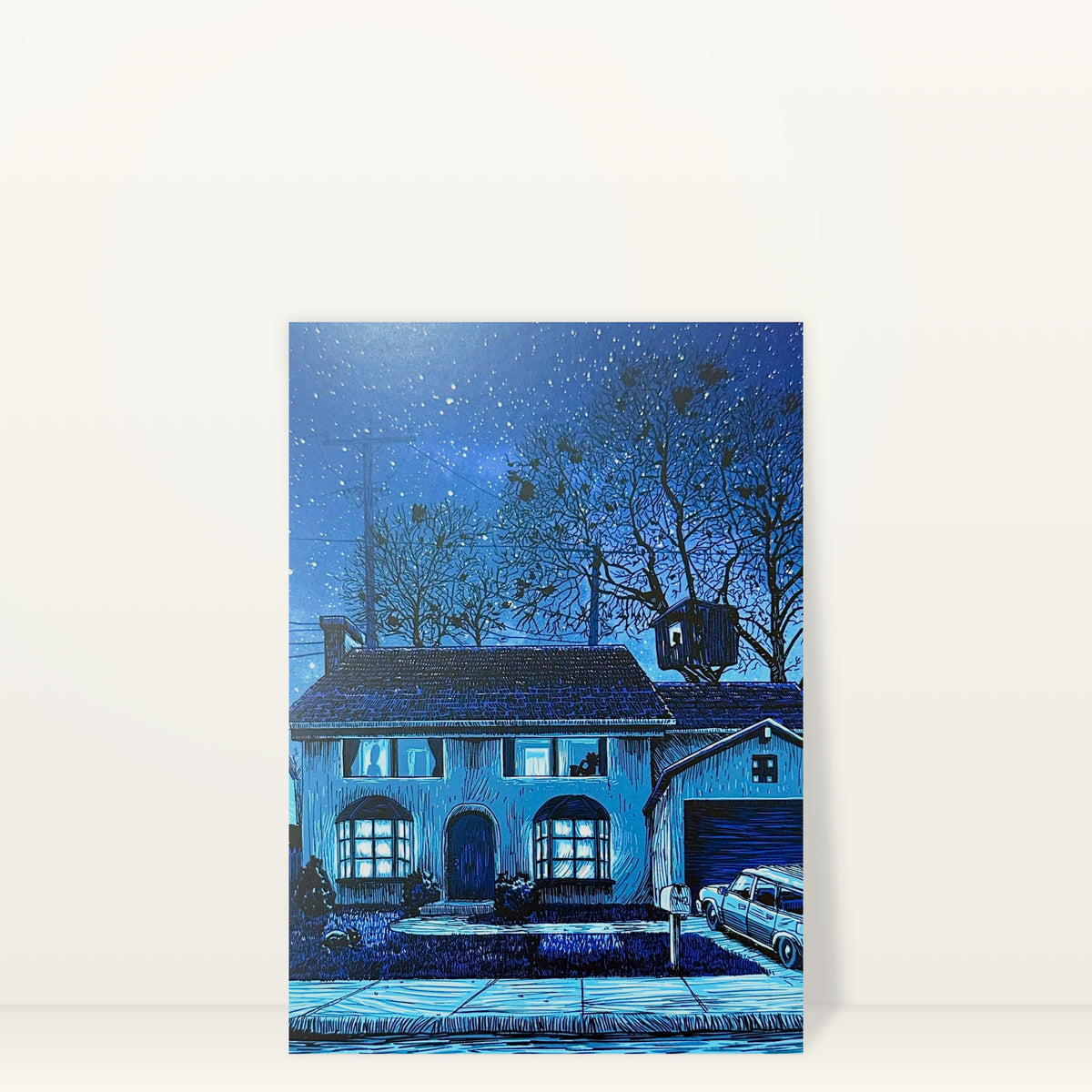 742 Evergreen Terrace (Night) mini print postcard by Tim Doyle: the Simpsons' house under a starry blue night sky