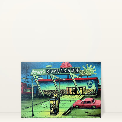 Bowl-A-Rama mini print postcard by Tim Doyle: Barney's Bowlarama sign and parking lot glowing at dusk