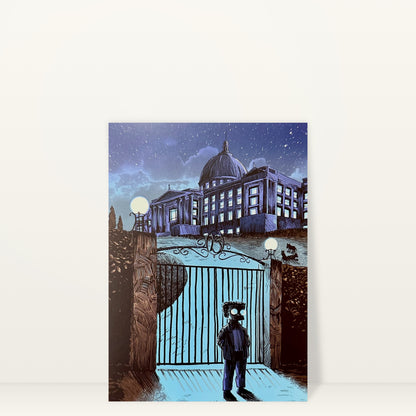 Burns Manor mini print postcard by Tim Doyle: a lone figure at the iron gates of Burns Manor at night