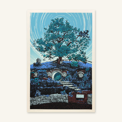 Concerning Hobbits screenprint by Tim Doyle lying flat: Bag End under a big tree at night