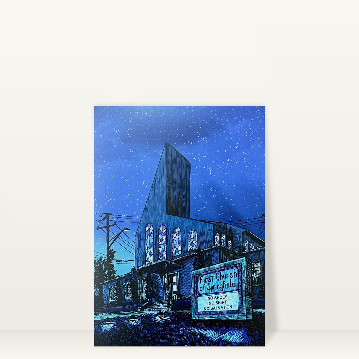 First Church of Springfield mini print postcard by Tim Doyle: the First Church of Springfield and its sign at night