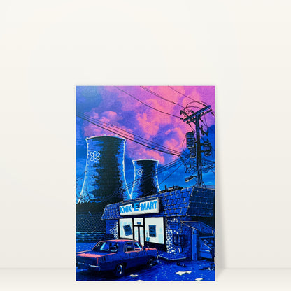 Kwik-E-Mart mini print postcard by Tim Doyle: the Kwik-E-Mart under a pink sky with cooling towers behind it