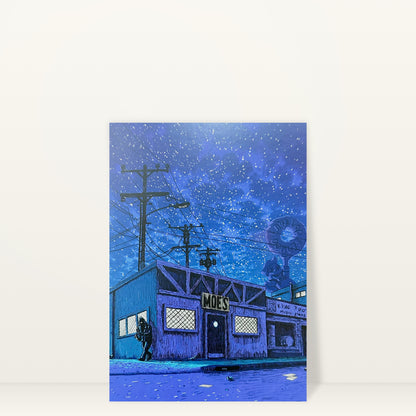 Moe's Tavern (Night) mini print postcard by Tim Doyle: Moe's Tavern at night under a starry blue sky