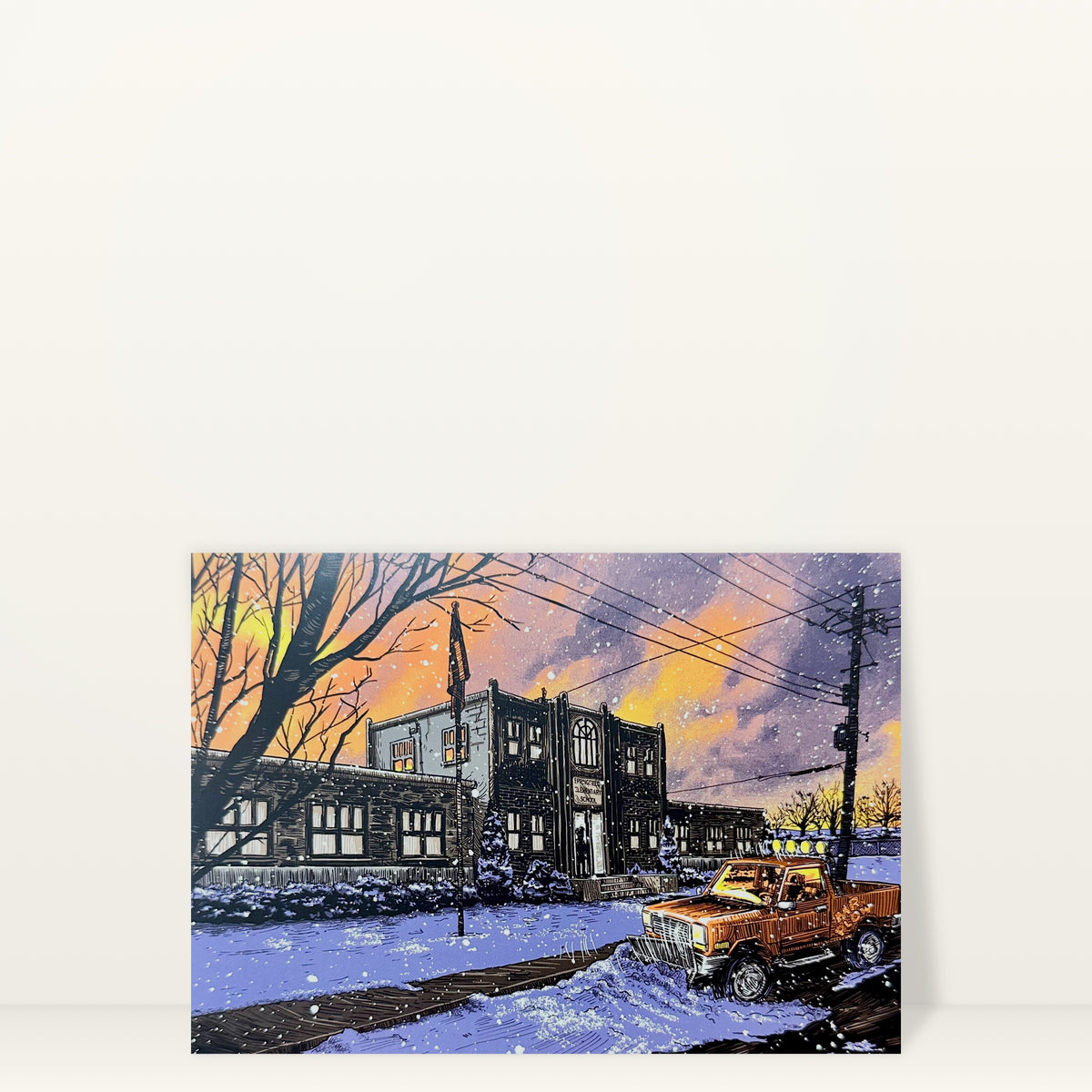 Springfield Elementary (Day) mini print postcard by Tim Doyle: Springfield Elementary at sunset with an orange car out front