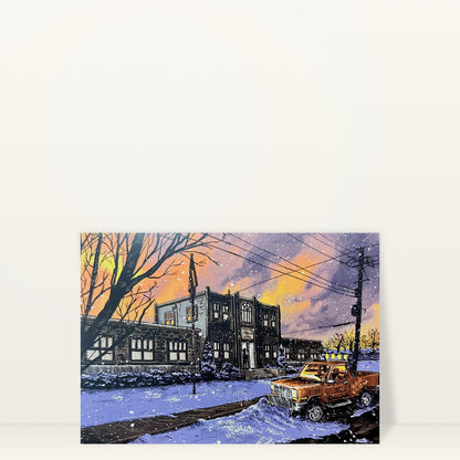 Springfield Elementary (Day) mini print postcard by Tim Doyle: Springfield Elementary at sunset with an orange car out front