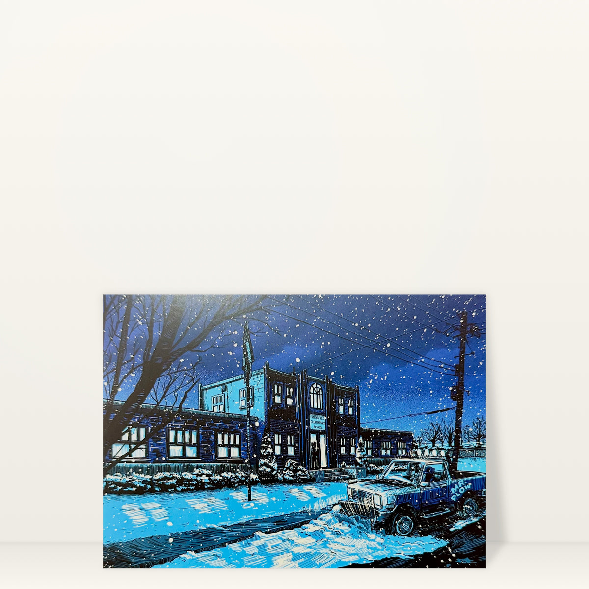 Springfield Elementary (Night) mini print postcard by Tim Doyle: Springfield Elementary at night in the snow