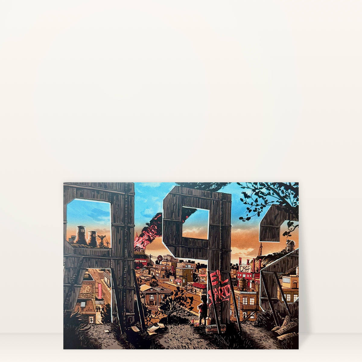 Springfield Sign (Day) mini print postcard by Tim Doyle: the giant Springfield sign letters at sunset over the town