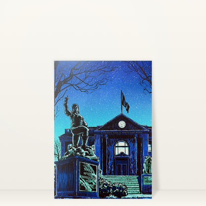 Springfield Town Hall mini print postcard by Tim Doyle: Springfield Town Hall and the Jebediah Springfield statue at night