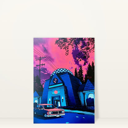 Stonecutters Lodge mini print postcard by Tim Doyle: the Stonecutters Lodge under a pink and purple sky with a red car out front