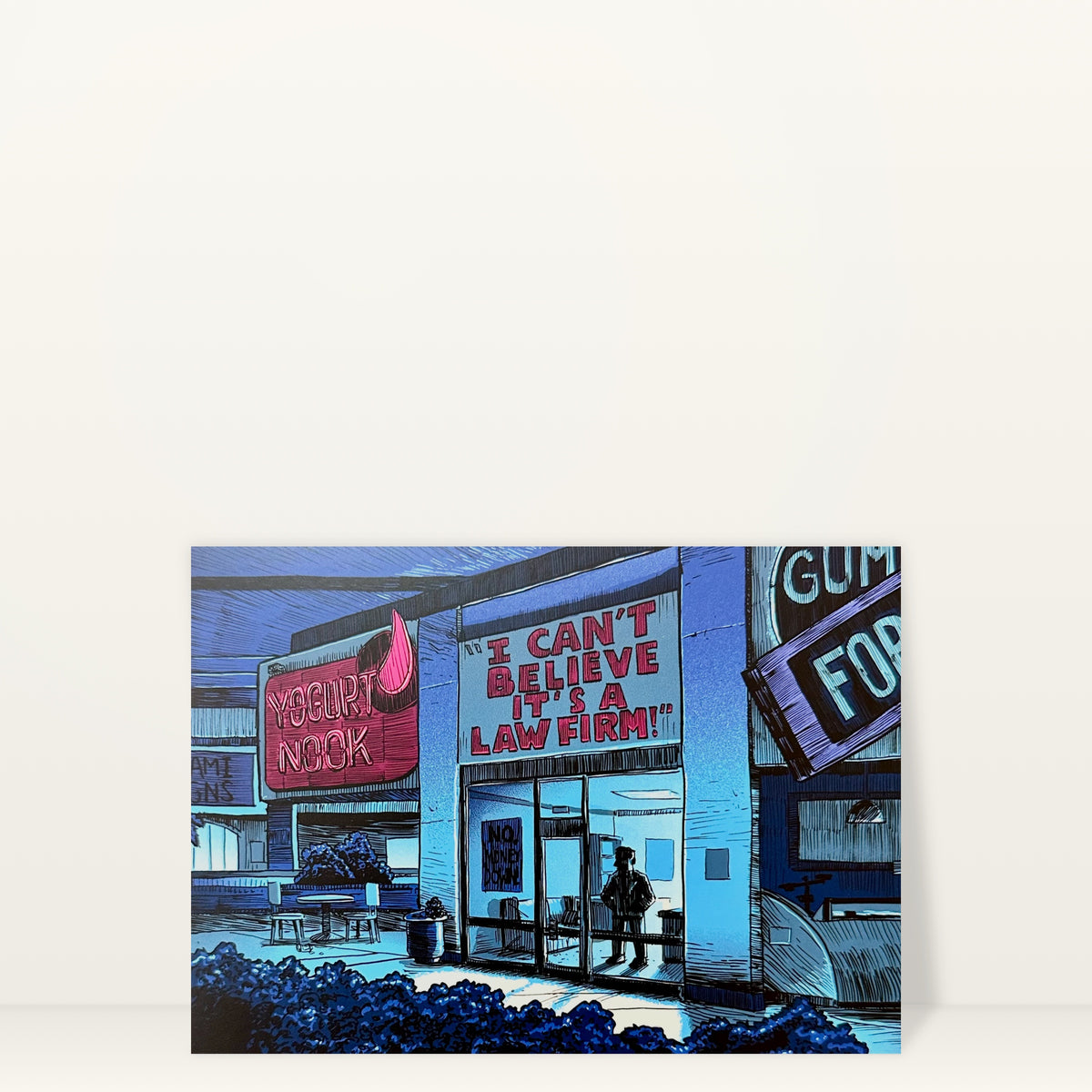 Yogurt Nook mini print postcard by Tim Doyle: the Yogurt Nook and I Can't Believe It's a Law Firm storefronts at night