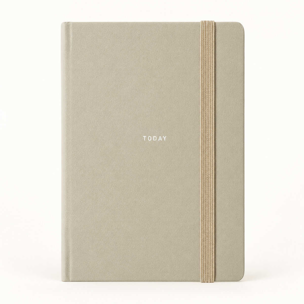 A minimalist hardcover notebook with a textured light gray-beige cover, featuring the word 'TODAY' printed in small white letters and a vertical elastic closure band in a natural tan color, set against a plain white background.
