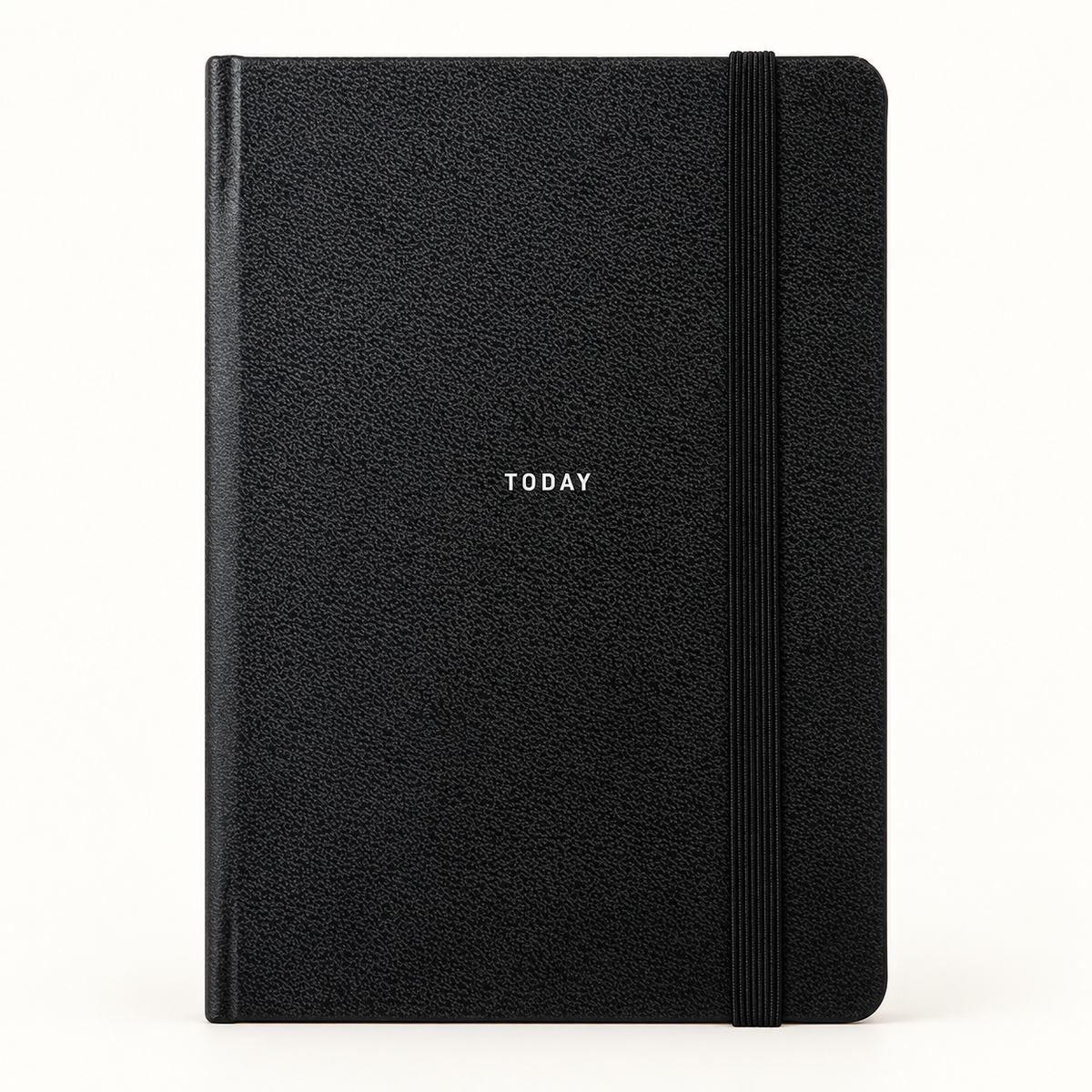A black textured hardcover notebook with an elastic closure band and the word 'TODAY' printed in small white letters on the front, shown against a plain white background.