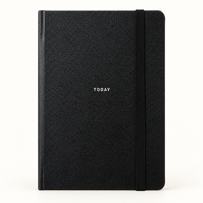 A black textured hardcover notebook with an elastic closure band and the word 'TODAY' printed in small white letters on the front, shown against a plain white background.