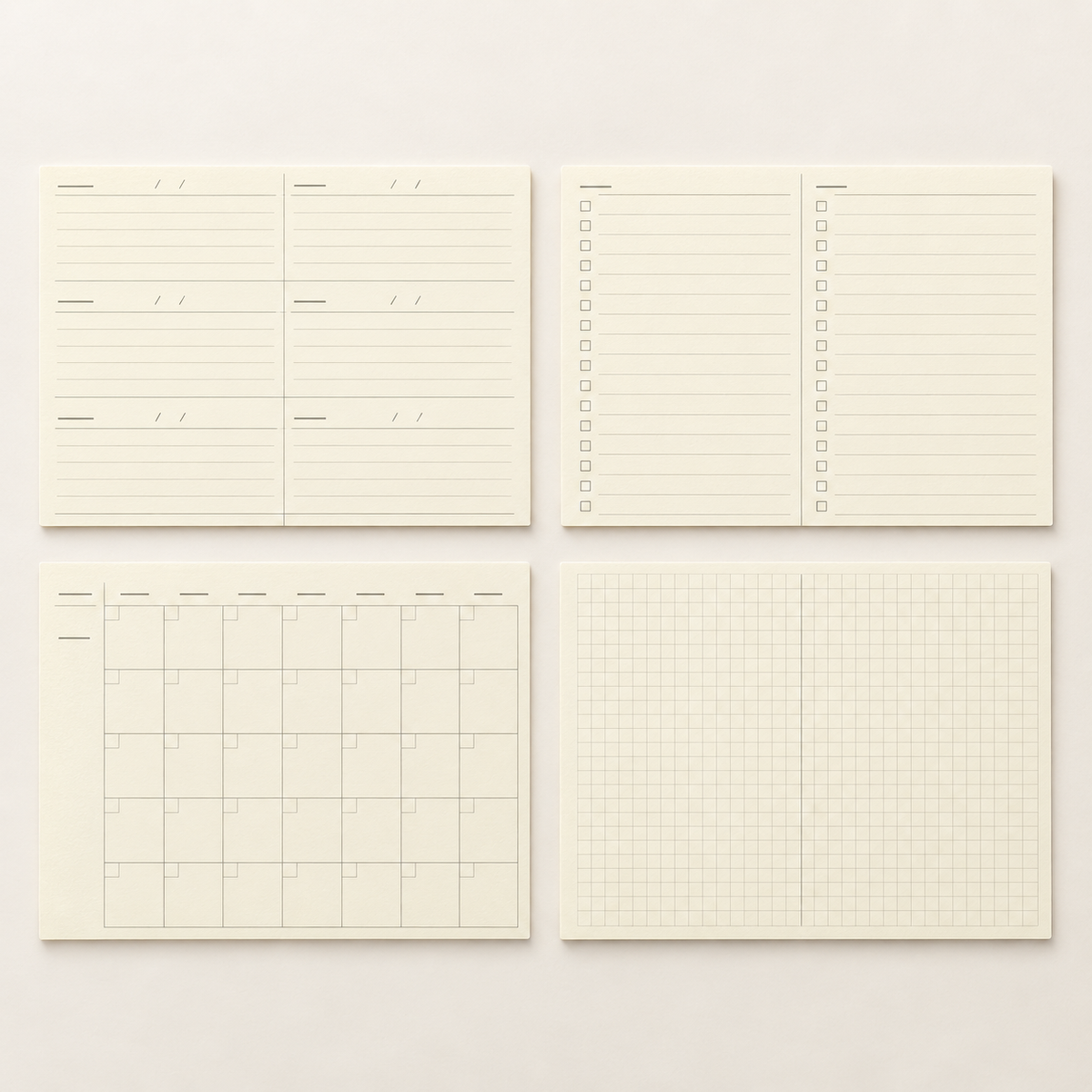 Four cream-colored planner inserts arranged in a 2x2 grid on a light beige background: a weekly planner page, a lined daily planner page with checkboxes, a monthly calendar page, and a square grid page.