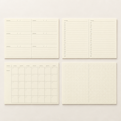 Four cream-colored planner inserts arranged in a 2x2 grid on a light beige background: a weekly planner page, a lined daily planner page with checkboxes, a monthly calendar page, and a square grid page.