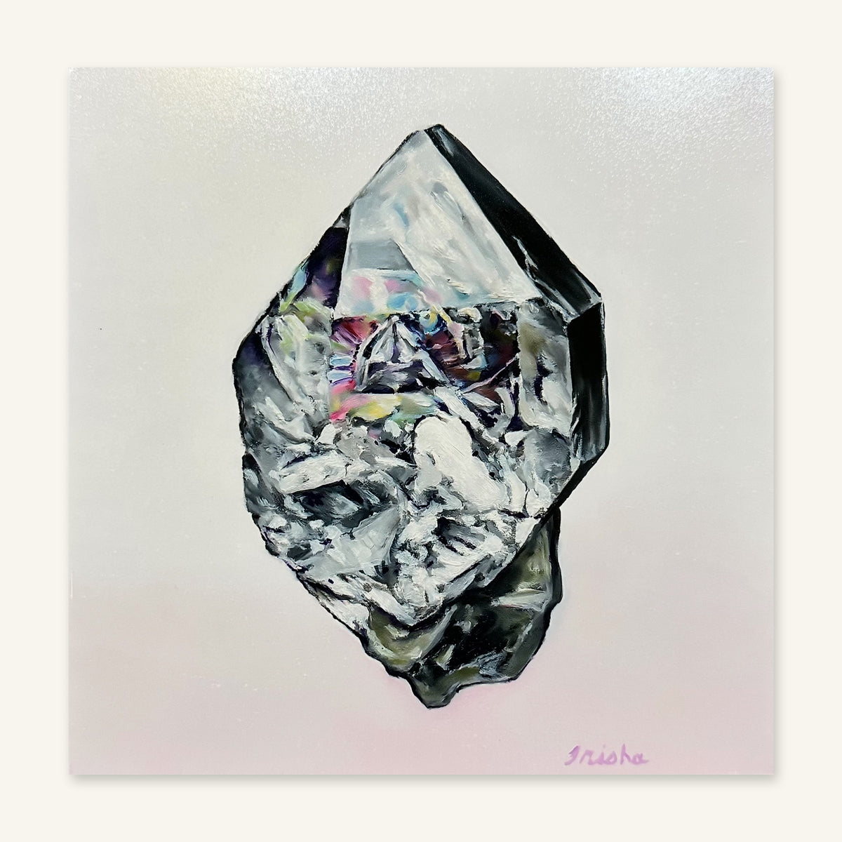 Herkimer Diamond art print by Trisha Thompson Adams photographed flat, showing the full artwork: a smoky, prismatic crystal on a pale lavender ground