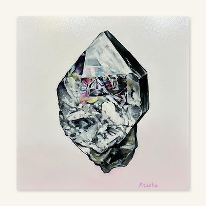 Herkimer Diamond art print by Trisha Thompson Adams photographed flat, showing the full artwork: a smoky, prismatic crystal on a pale lavender ground