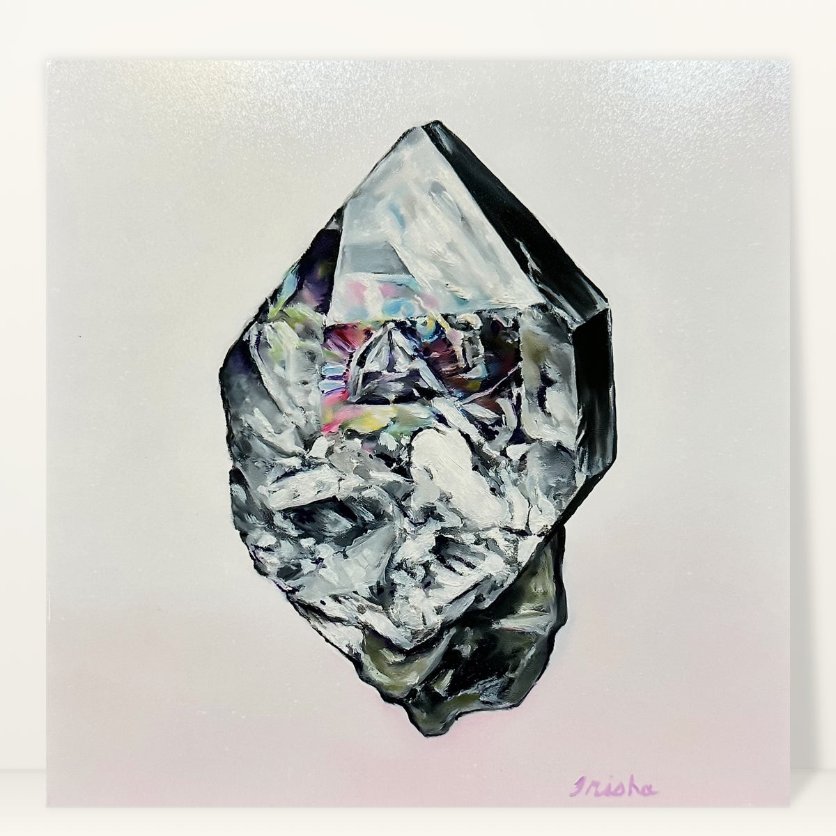 Herkimer Diamond art print by Trisha Thompson Adams: a faceted quartz crystal flashing pink and blue light, studio photo on a light background