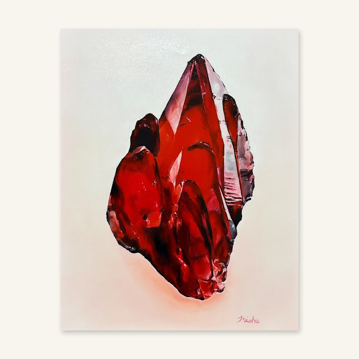 Rhodochrosite Red Mineral art print by Trisha Thompson Adams photographed flat, showing the full artwork: deep red crystals on a pale blush ground