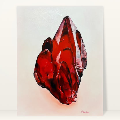 Rhodochrosite Red Mineral art print by Trisha Thompson Adams: a cluster of glassy crimson crystal points, studio photo on a light background