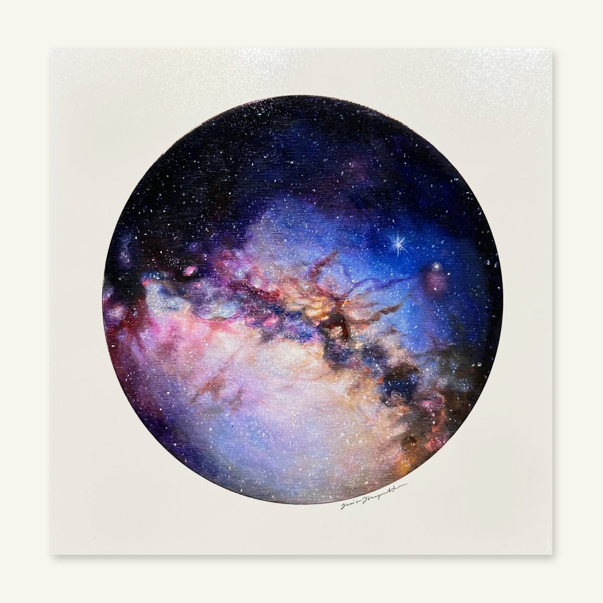 Rosette Nebula art print by Trisha Thompson Adams photographed flat, showing the full artwork: a circular star-filled nebula on a white square sheet