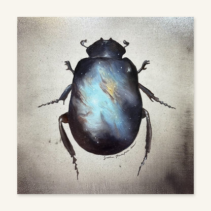 Scarab art print by Trisha Thompson Adams photographed flat, showing the full artwork: a star-flecked nebula beetle on a warm grey ground