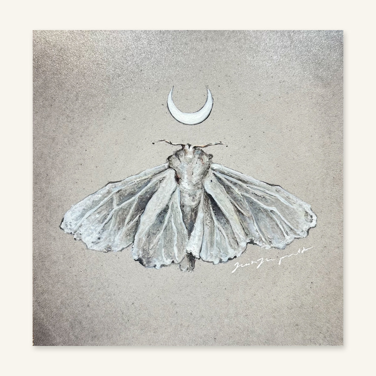 The White Moth art print by Trisha Thompson Adams photographed flat, showing the full artwork: a silvery moth and crescent moon on a stone-grey ground