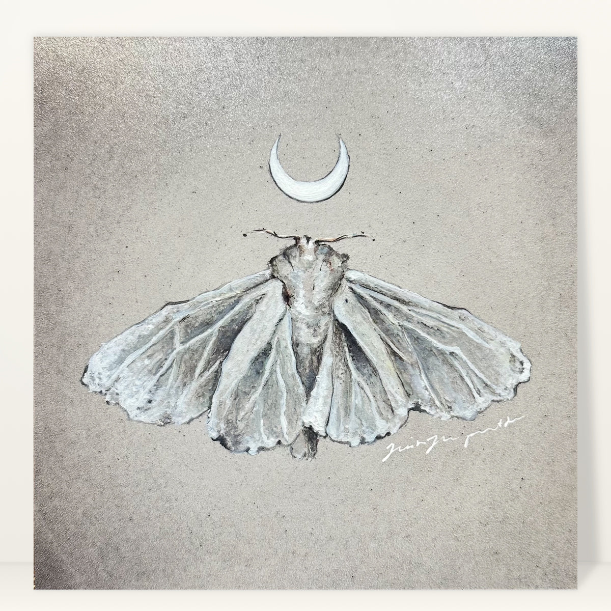 The White Moth art print by Trisha Thompson Adams: a pale moth with spread wings beneath a white crescent moon, studio photo on a light background