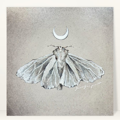 The White Moth art print by Trisha Thompson Adams: a pale moth with spread wings beneath a white crescent moon, studio photo on a light background