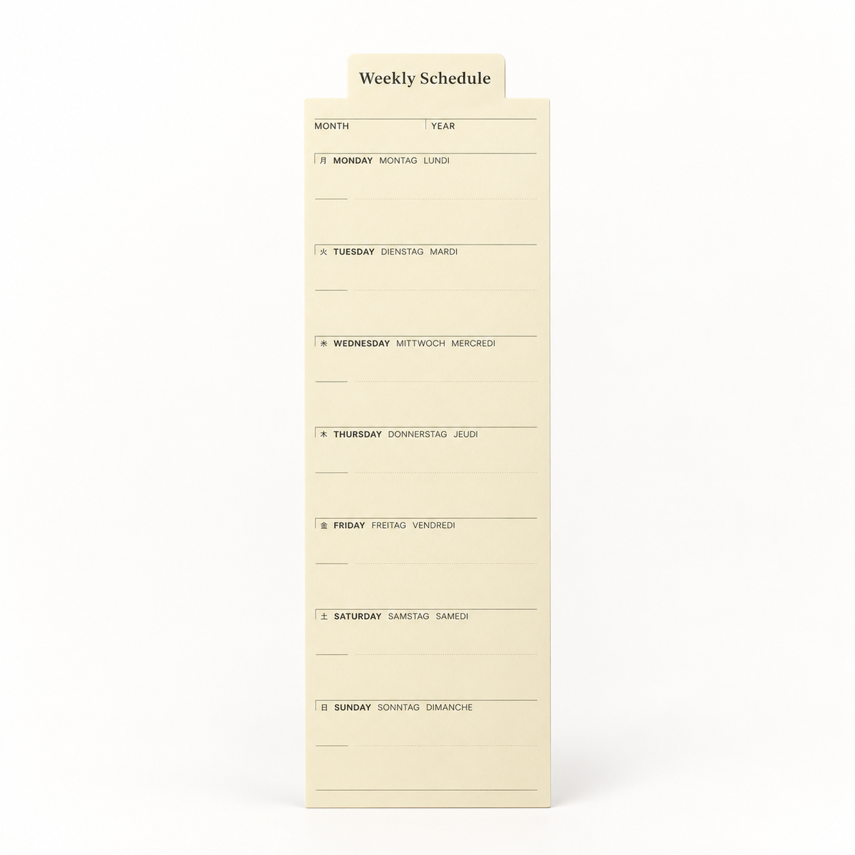 A cream-colored weekly schedule notepad with labeled sections for month and year, plus lines for writing days of the week, shown on a clean white background.