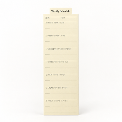 A cream-colored weekly schedule notepad with labeled sections for month and year, plus lines for writing days of the week, shown on a clean white background.